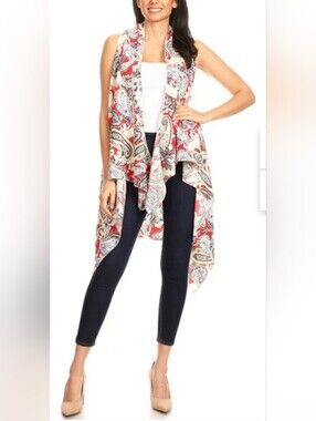 Sleeveless Paisley Draped Vest - Red, Cream, Navy